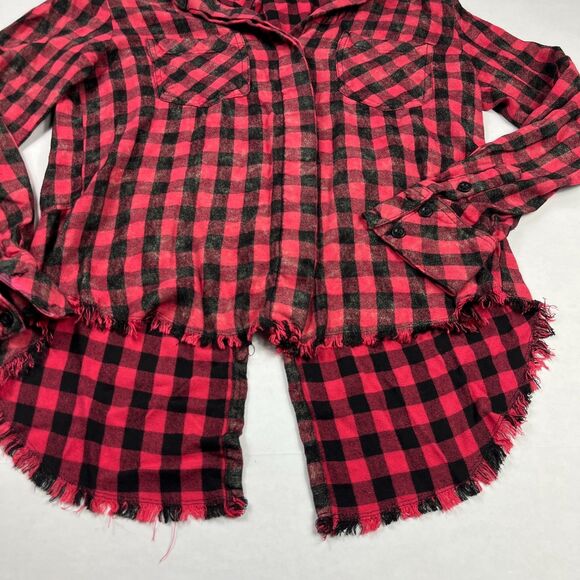 Cloth & Stone Red Black Buffalo Check Button Shirt Small Raw Hem Hi Low Grunge - Picture 2 of 11